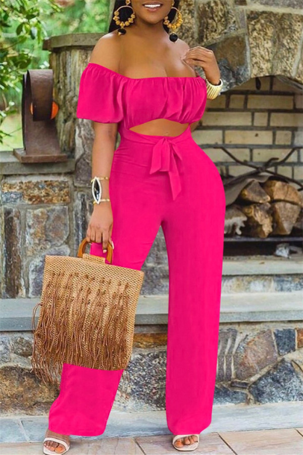 Rose Red Sexy Casual Solid Backless Off the Shoulder Regular Jumpsuits