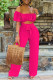 Rose Red Sexy Casual Solid Backless Off the Shoulder Regular Jumpsuits