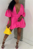 Tangerine Red Fashion Casual Solid Patchwork V Neck A Line Dresses