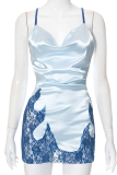 Blue Sexy Patchwork Lace Spaghetti Strap Straight Dresses