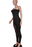 Black Sexy Solid Patchwork Oblique Collar Skinny Jumpsuits