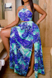 Red Purple Sexy Print Bandage Patchwork Backless Sleeveless Two Pieces