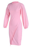 Pink Casual Solid Patchwork O Neck One Step Skirt Dresses