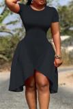 Red Fashion Casual Solid Patchwork Asymmetrical O Neck Short Sleeve Dress