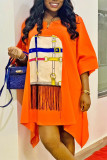 Orange Fashion Casual Print Patchwork V Neck Irregular Dress Dresses