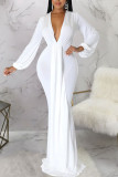 White Sexy Solid Patchwork V Neck Evening Dress Dresses