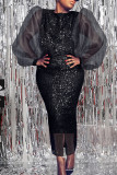 Black Elegant Solid Sequins Patchwork Slit O Neck One Step Skirt Dresses