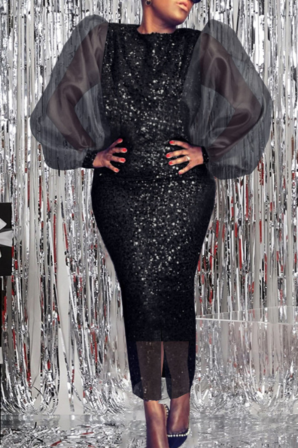 Black Elegant Solid Sequins Patchwork Slit O Neck One Step Skirt Dresses