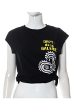 Black Casual Print Patchwork O Neck Tops