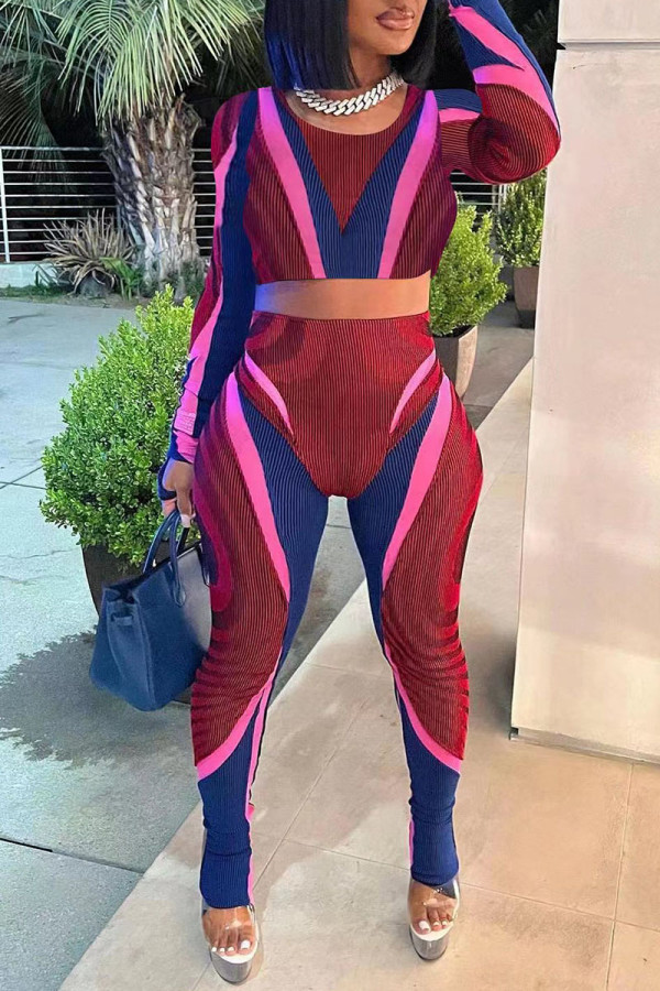 Red Blue Sexy Print Patchwork O Neck Long Sleeve Two Pieces