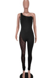 Black Sexy Solid Patchwork Oblique Collar Skinny Jumpsuits