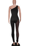 Black Sexy Solid Patchwork Oblique Collar Skinny Jumpsuits