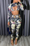 Colour Sexy Print Patchwork Asymmetrical O Neck Long Sleeve Two Pieces
