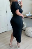 Purple Fashion Casual Solid Backless Slit Oblique Collar Short Sleeve Dress