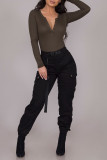Black Casual Street Solid Patchwork Pocket Loose High Waist Pencil Solid Color Bottoms