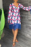 Multicolor Fashion Casual Print Tassel Patchwork V Neck Long Sleeve Dresses