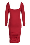 Burgundy Fashion Sexy Solid Fold Square Collar Long Sleeve Dresses