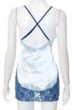 Blue Sexy Patchwork Lace Spaghetti Strap Straight Dresses