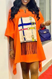 Orange Fashion Casual Print Patchwork V Neck Irregular Dress Dresses