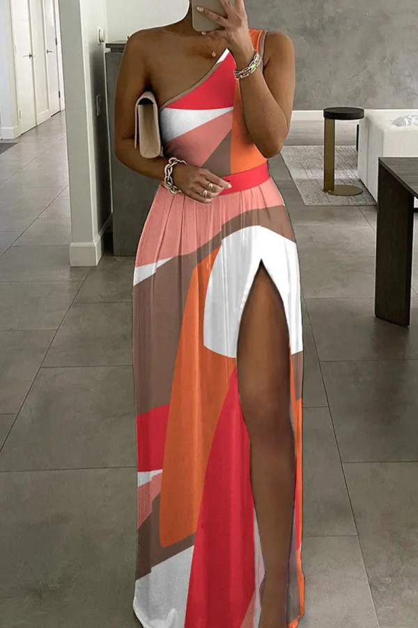 Camel Casual Print Patchwork Slit Oblique Collar Straight Dresses