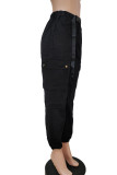 Black Casual Street Solid Patchwork Pocket Loose High Waist Pencil Solid Color Bottoms