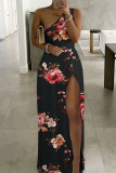 Camel Casual Print Patchwork Slit Oblique Collar Straight Dresses