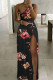 Black Casual Print Patchwork Slit Oblique Collar Straight Dresses