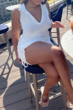 White Sexy Casual Solid Draw String Frenulum V Neck Sleeveless Dress