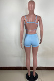 Blue Sexy Solid Patchwork Backless Spaghetti Strap Sleeveless Two Pieces