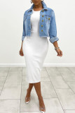Light Blue Casual Solid Patchwork Buckle Chains Turndown Collar Long Sleeve Denim Jacket