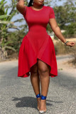 Red Fashion Casual Solid Patchwork Asymmetrical O Neck Short Sleeve Dress