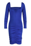 Royal Blue Fashion Sexy Solid Fold Square Collar Long Sleeve Dresses