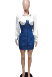 Blue Casual Street Solid Patchwork Zipper Turndown Collar Pencil Skirt Dresses
