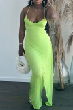 Fluorescent Green Fashion Sexy Solid Patchwork Backless Spaghetti Strap Long Dress