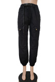 Black Casual Street Solid Patchwork Pocket Loose High Waist Pencil Solid Color Bottoms