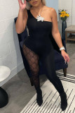 Black Sexy Solid Patchwork Oblique Collar Skinny Jumpsuits