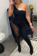 Black Sexy Solid Patchwork Oblique Collar Skinny Jumpsuits