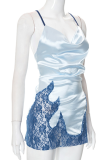 Blue Sexy Patchwork Lace Spaghetti Strap Straight Dresses