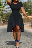 Red Fashion Casual Solid Patchwork Asymmetrical O Neck Short Sleeve Dress