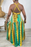 Green Yellow Fashion Sexy Print Backless Slit Halter Strapless Dress