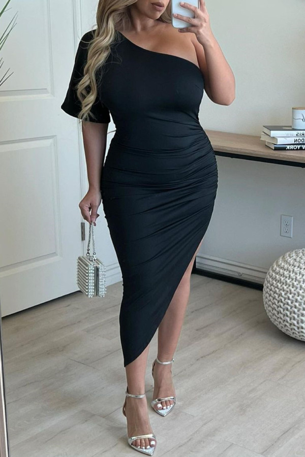 Black Fashion Casual Solid Backless Slit Oblique Collar Short Sleeve Dress