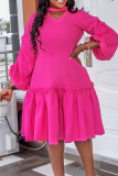 Sky Blue Casual Solid Patchwork Fold O Neck A Line Dresses