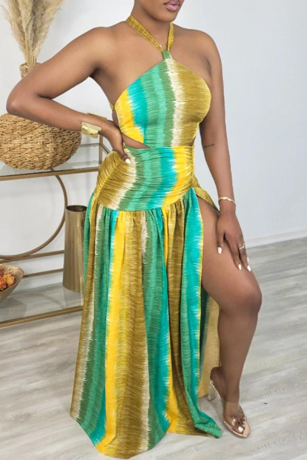 Green Yellow Fashion Sexy Print Backless Slit Halter Strapless Dress