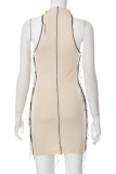 Apricot Sexy Solid Tassel Halter Pencil Skirt Dresses