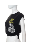 Black Casual Print Patchwork O Neck Tops