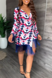 Multicolor Fashion Casual Print Tassel Patchwork V Neck Long Sleeve Dresses