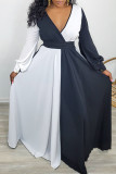 Black White Fashion Casual Solid Patchwork Contrast V Neck Long Sleeve Dresses
