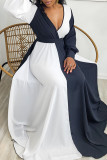 Black White Fashion Casual Solid Patchwork Contrast V Neck Long Sleeve Dresses