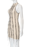Apricot Sexy Solid Tassel Halter Pencil Skirt Dresses