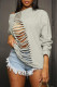 Grey Fashion Casual Solid Ripped Hollowed Out O Neck Tops